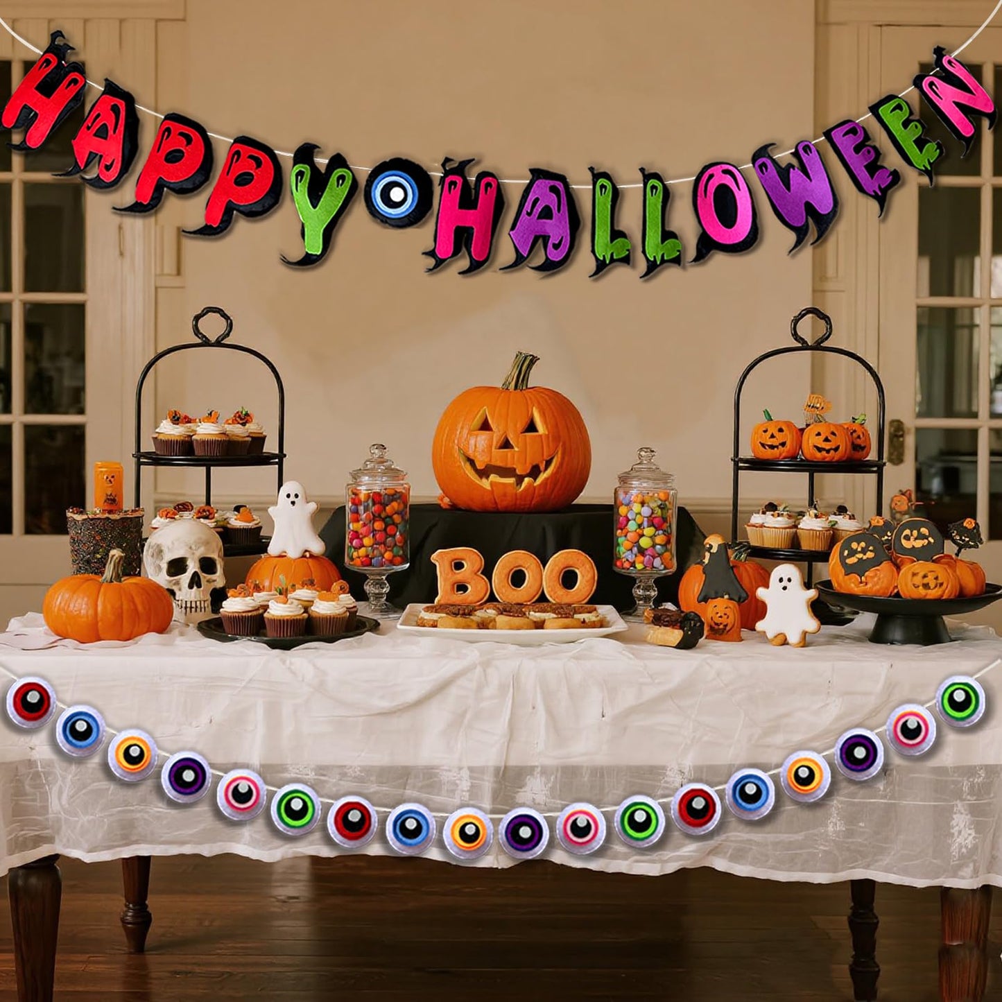 2Pcs Felt Halloween Banner Decorations, Pre-Strung Happy Halloween Garland with Eyeballs, Reusable Halloween Party Decorations for Mantle Wall Mantel Fireplace Home Indoor Outdoor Décor
