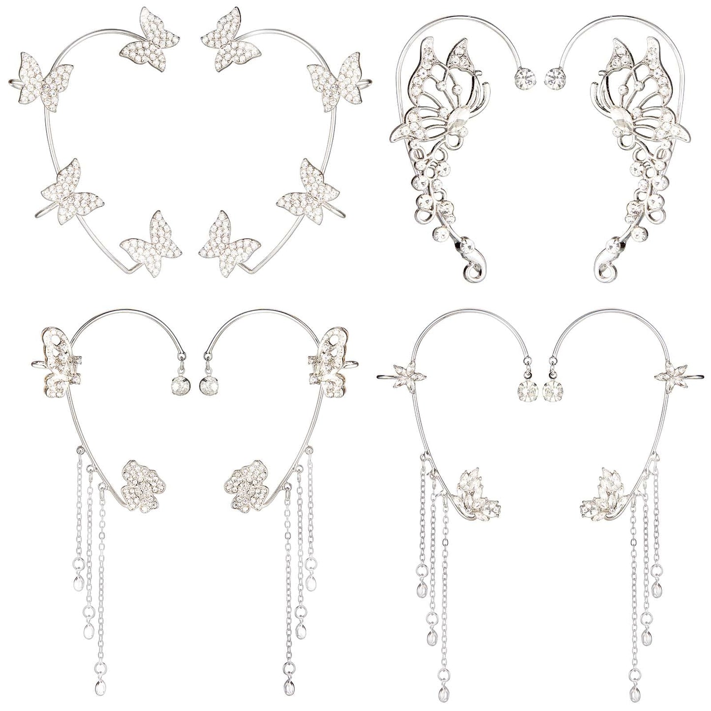 Yaomiao 4 Pairs Butterfly Ear Cuffs Earrings Glitter Rhinestone Butterfly Earrings No Piercing Ear Clip Wrap Around Dangler for Women Show, Wedding, Party, Christmas Accessories