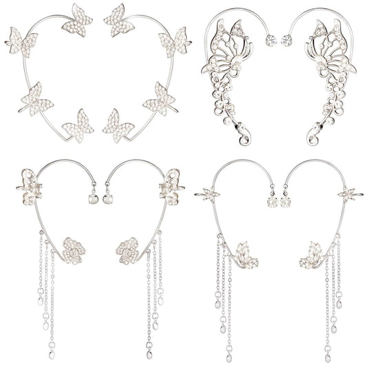 Yaomiao 4 Pairs Butterfly Ear Cuffs Earrings Glitter Rhinestone Butterfly Earrings No Piercing Ear Clip Wrap Around Dangler for Women Show, Wedding, Party, Christmas Accessories