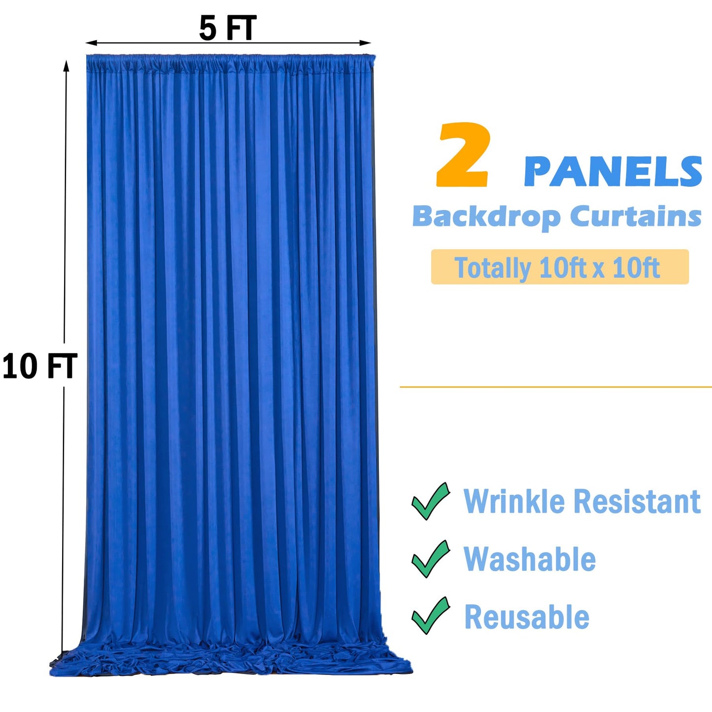 10x10 ft Wrinkle Free Royal Blue Backdrop Curtains for Party Background, Silky Polyester Blue Photo Backdrop Drapes 2 Panels Back Drop Cloth for Wedding Birthday Photography Baby Shower Decor