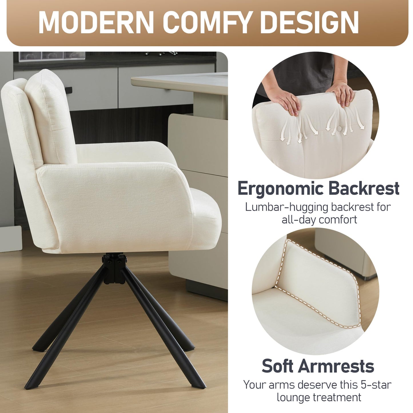 WUTUTUEE Fabric Dining Chair Modern Upholstered Swivel Dining Room Chairs Comfy Accent Armchair with Mid Back, Desk Arm Chair No Wheels for Kitchen/Living Room/Dining Room, White
