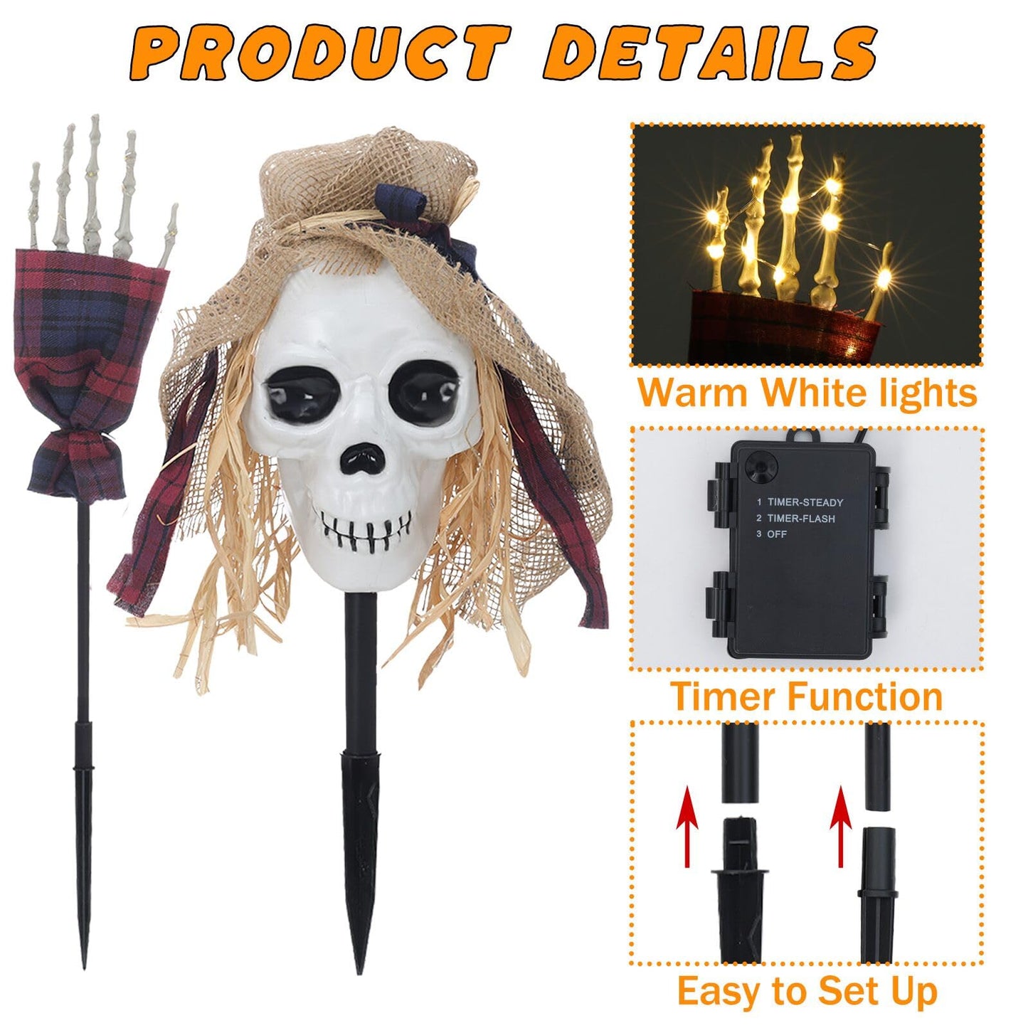 3 Pcs Halloween Pathway Lights Outdoor, 30 LEDs Skull and Arms Stake Lights for Outdoor, Yard, Lawn, Garden, Patio Decorations