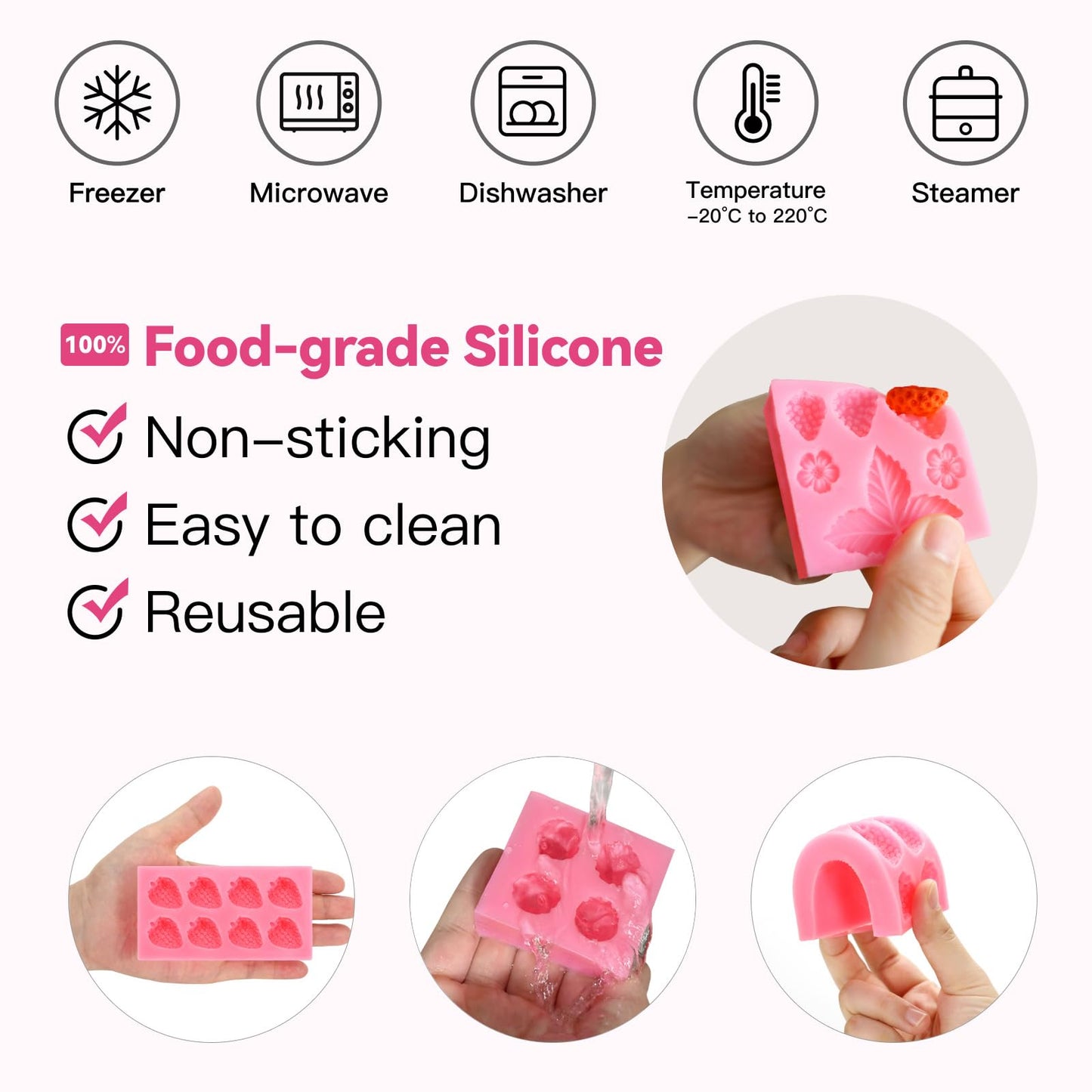 5 Pcs 3D Strawberry Baking Mold DIY Silicone Fruit Fondant Chocolate Mold for Cupcake Shortcake Cake Topper Decoration Candy Jelly Clay