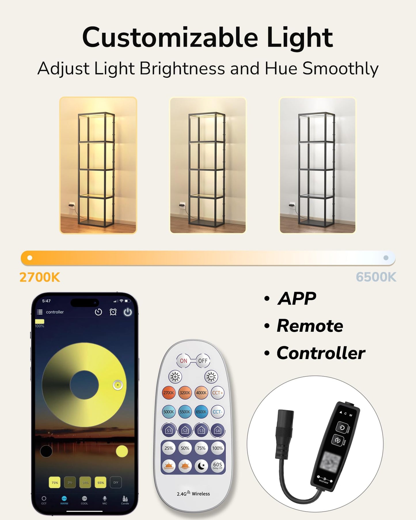 66" Luxury 4-Side Lighted Dimmable LED Glass Display Shelf, 4-Tier Curio Cabinet with Remote/APP Control, Music Sync, Display Cases for Collectibles, Floor Lamp with Shelves for Home Bedroom Decor