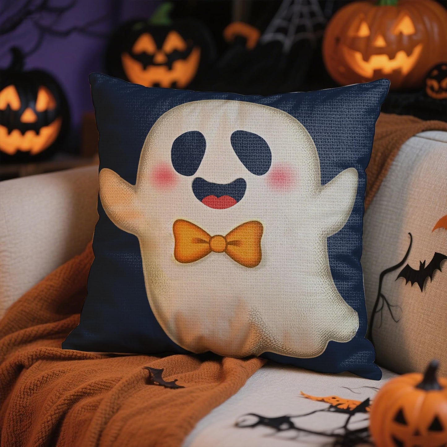 4Pcs Halloween Pillow Covers 18x18 Inch Cute Ghost Pumpkins Bats Decoration Pillow Covers Outdoor Happy Halloween Decoration Pillows Case for Room Sofa Patio Funiture Bedroom Couch Decor