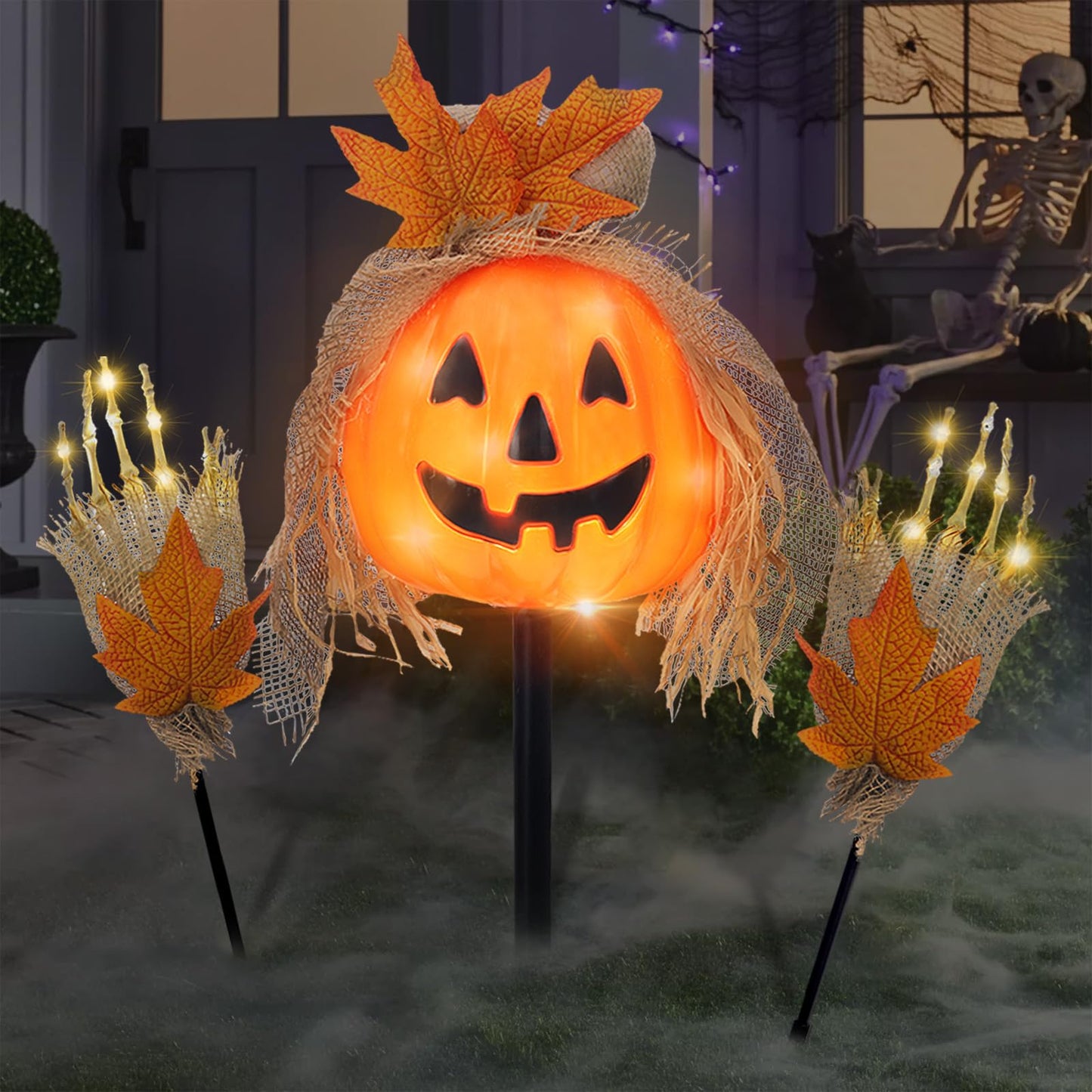 SUNNYPARK 3 Pcs Halloween Pathway Lights - Outdoor, 30 LEDs Pumpkin and Arms Stake Lights for Yard, Lawn, Garden, Patio Decorations