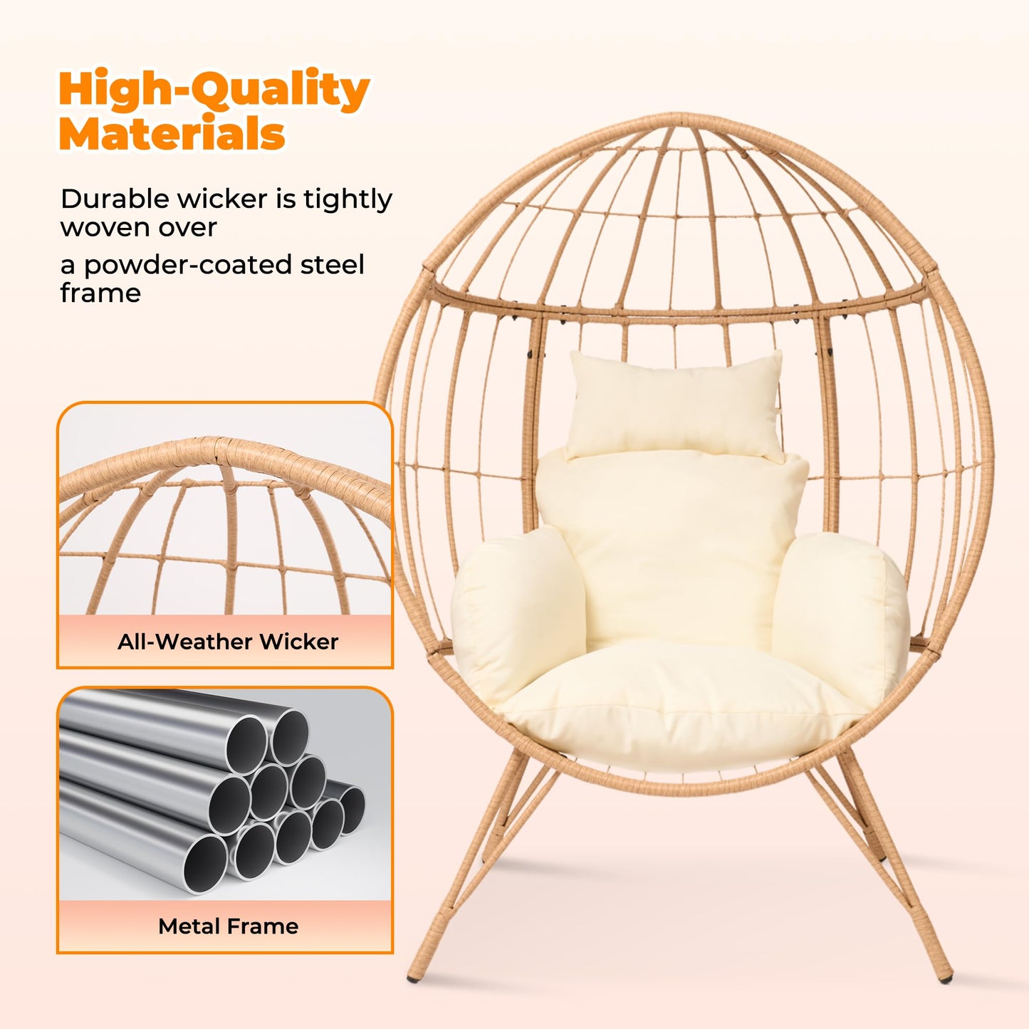 Wicker Egg Chair with Cushion,Outdoor Rattan Egg Basket Chair 350lbs Capacity Oversized Patio Lounge Chair for Living Room,Backyard,Balcony,Beige