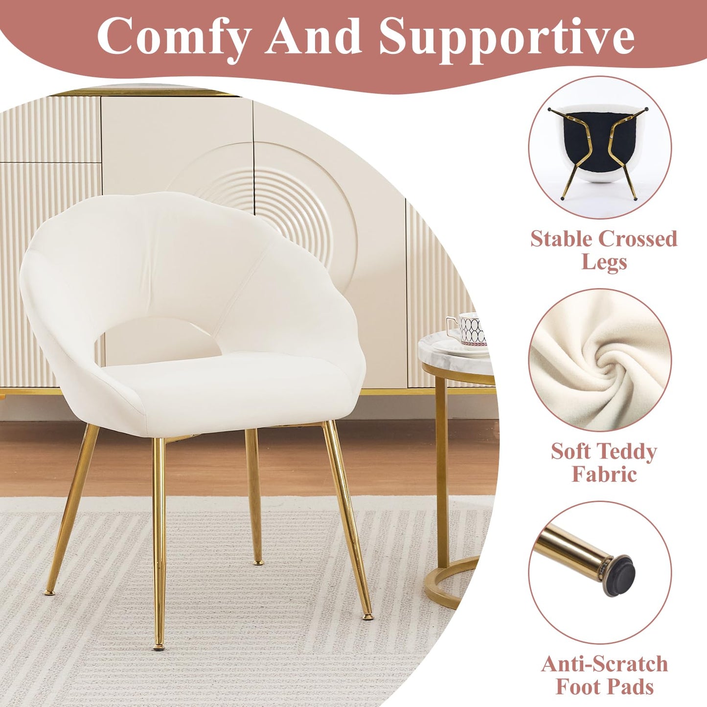 YDcosyfy Modern Small Accent Chair Set of 2, Comfy Velvet Vanity Chair with Shell Back & Golden Metal Legs, Decorative Chair no Wheels for Living Room, Makeup Room, Bedroom, Beige