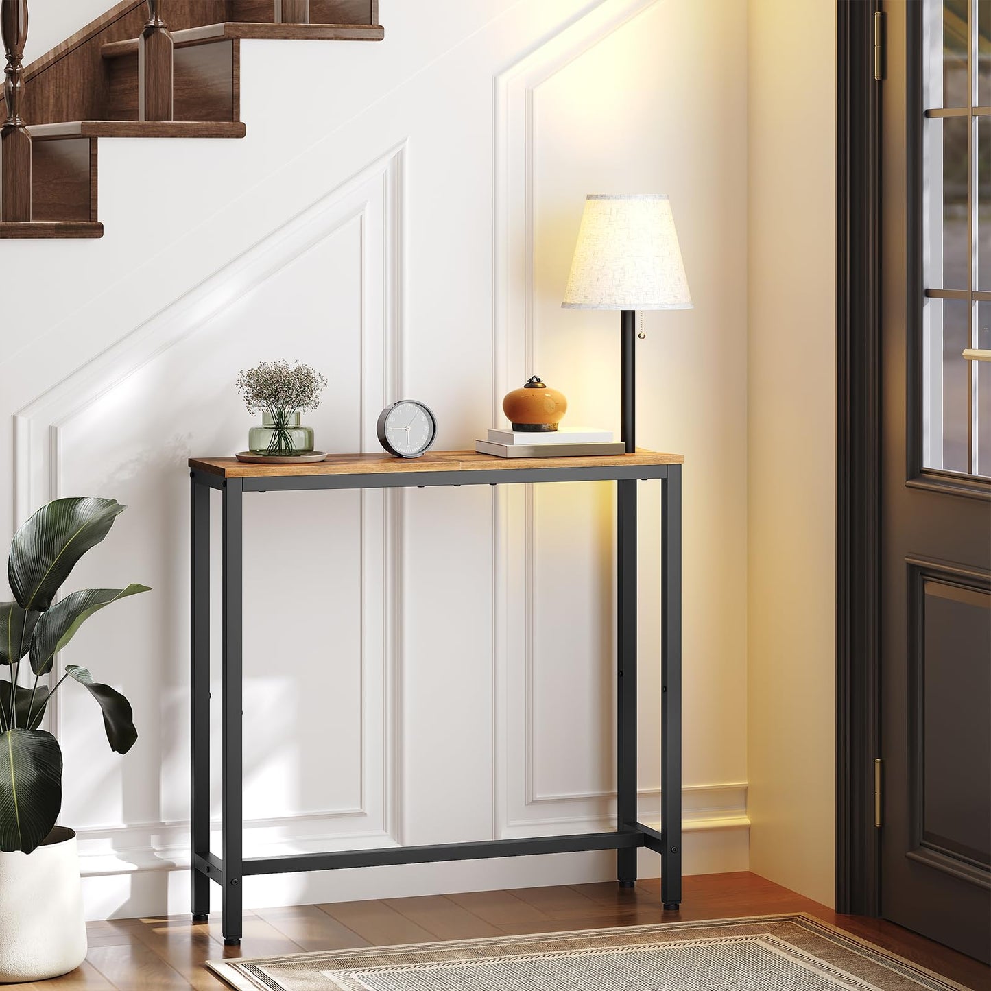 YATINEY Console Table with Light, Narrow Entryway Table, Behind Couch Table with 3 Color Temperatures Led Bulb, Metal Frame, for Entrance, Hallway, Foyer, Rustic Brown and Black CT75DBR