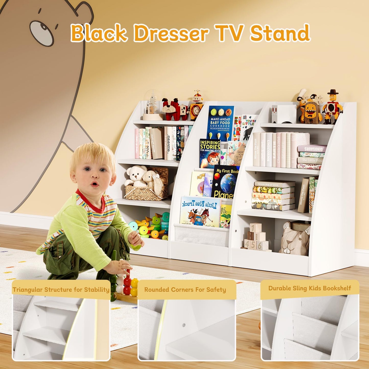 4 Tier Kids Bookshelf, 4 Layer Sling Kids Book Shelf for Kids Rooms, XXL Wood Children Bookcase,Baby Storage Book Rack,Toddler Bookshelf, Book and Toy Organizer,Book Display Shelf for Bedroom, Nursery