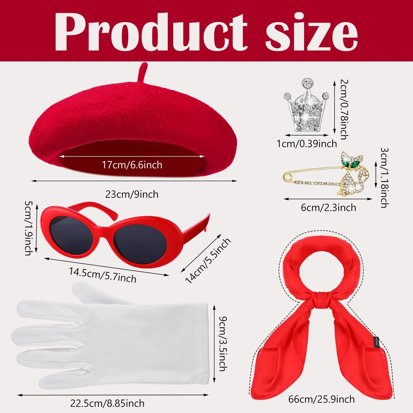 6 Pcs French Red Beret Hat Set Women Girls French Themed Party Accessories Retro Chiffon Scarf Oval Sunglasses Gloves Alloy Brooch for Costume Accessories