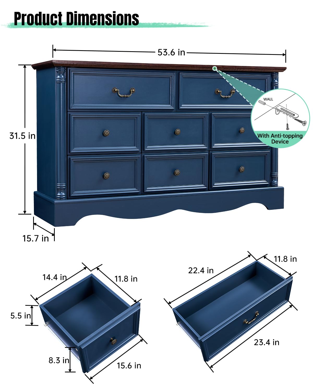 8 Drawers Dresser, 54" Wide Farmhouse Chest of Drawers with Charging Station, Refined Blue Finish Design, Modern Storage Dressers Organizer TV Stand for Bedroom, Living Room, Hallway, Indigo Blue