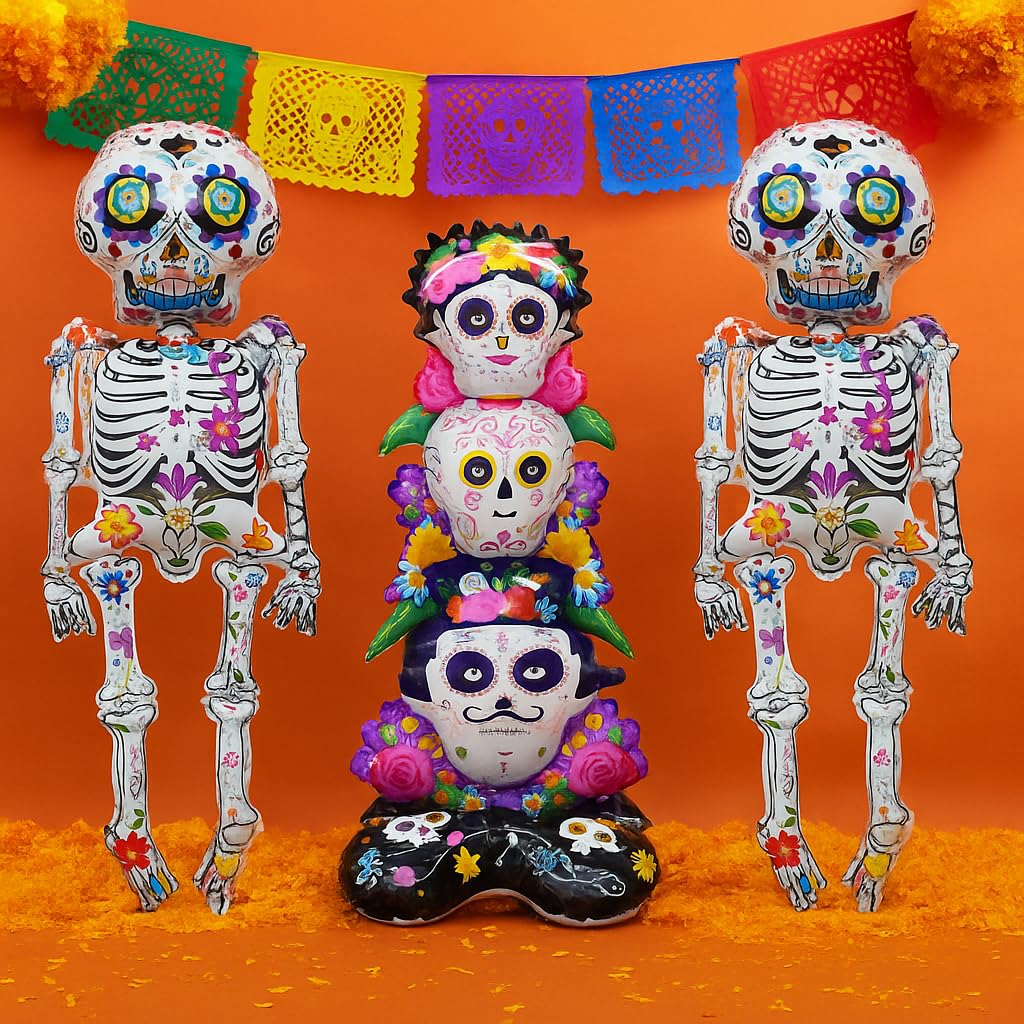 3 Pcs Skeleton Foil Balloons, Día de Muertos Day of the Dead Party Decorations, Halloween Skeleton Balloons,Halloween Spooky Party Supplies, Sugar Skull Balloons