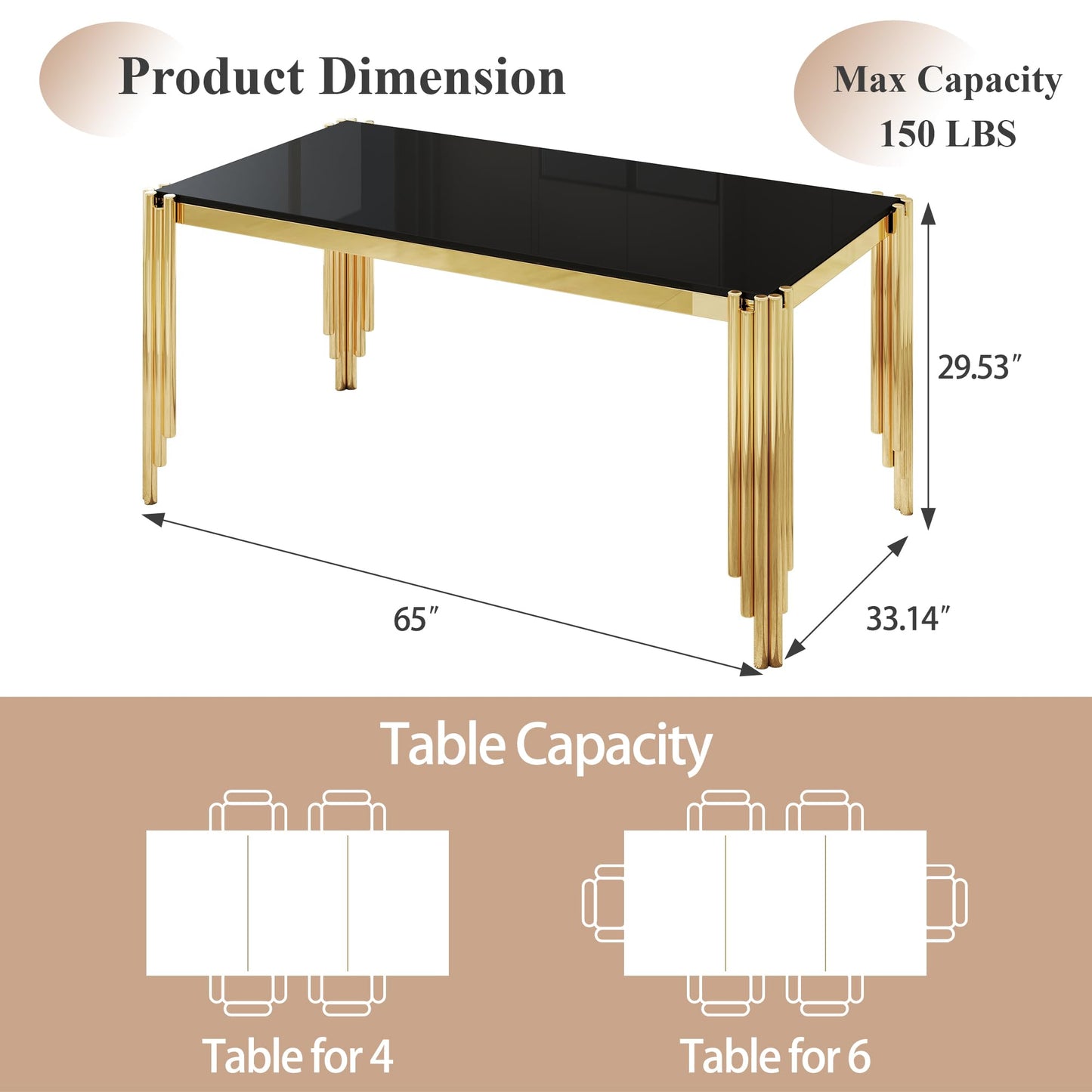 65" Glass Dining Table,Black Tempered Glass Kitchen Tabe with Gold Legs,Golden Dinner Table for 4-6,Rectanglar Modern Dining Table for Apartment,Dining &Kitchen Room(Table Only)
