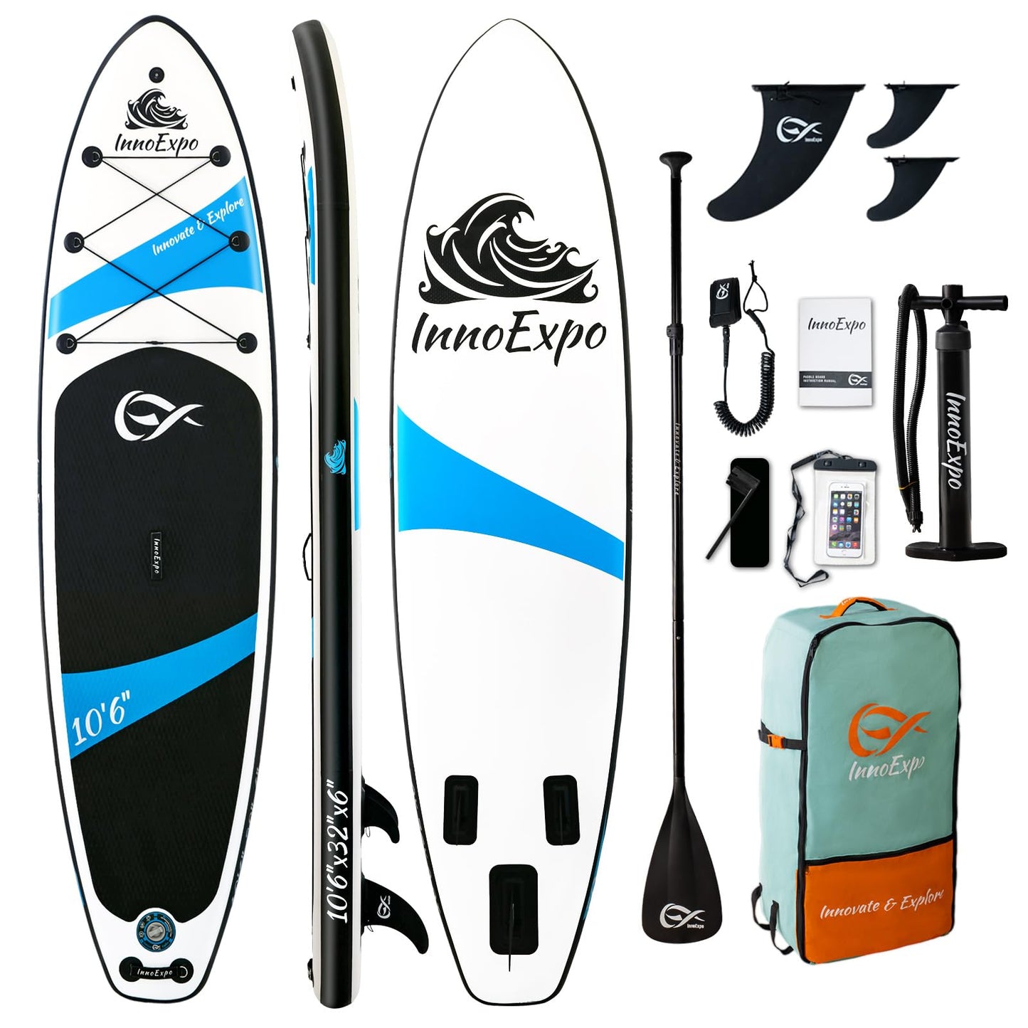 InnoExpo Inflatable Stand Up Paddle Boards with Premium Accessories, Wide Stable SUP Paddle Board Design, Non-Slip Comfort Deck for Youth & Adults (Black, 10'6x32''x6'')
