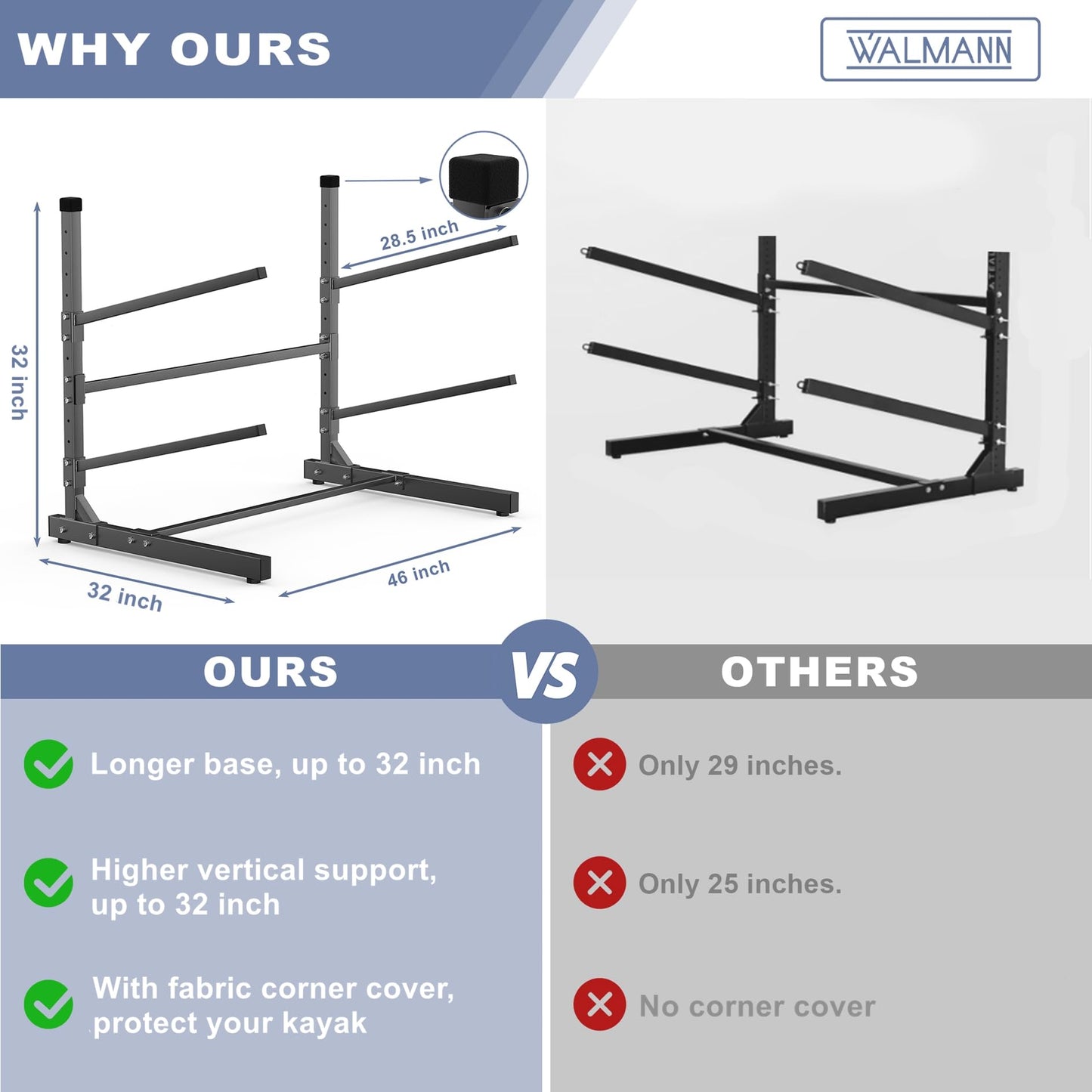 WALMANN Garage Kayak Storage Rack, Heavy-Duty Metal Kayak Rack 2-Tier Adjustable Freestanding Kayak Stand, Holds Up to 320 lbs