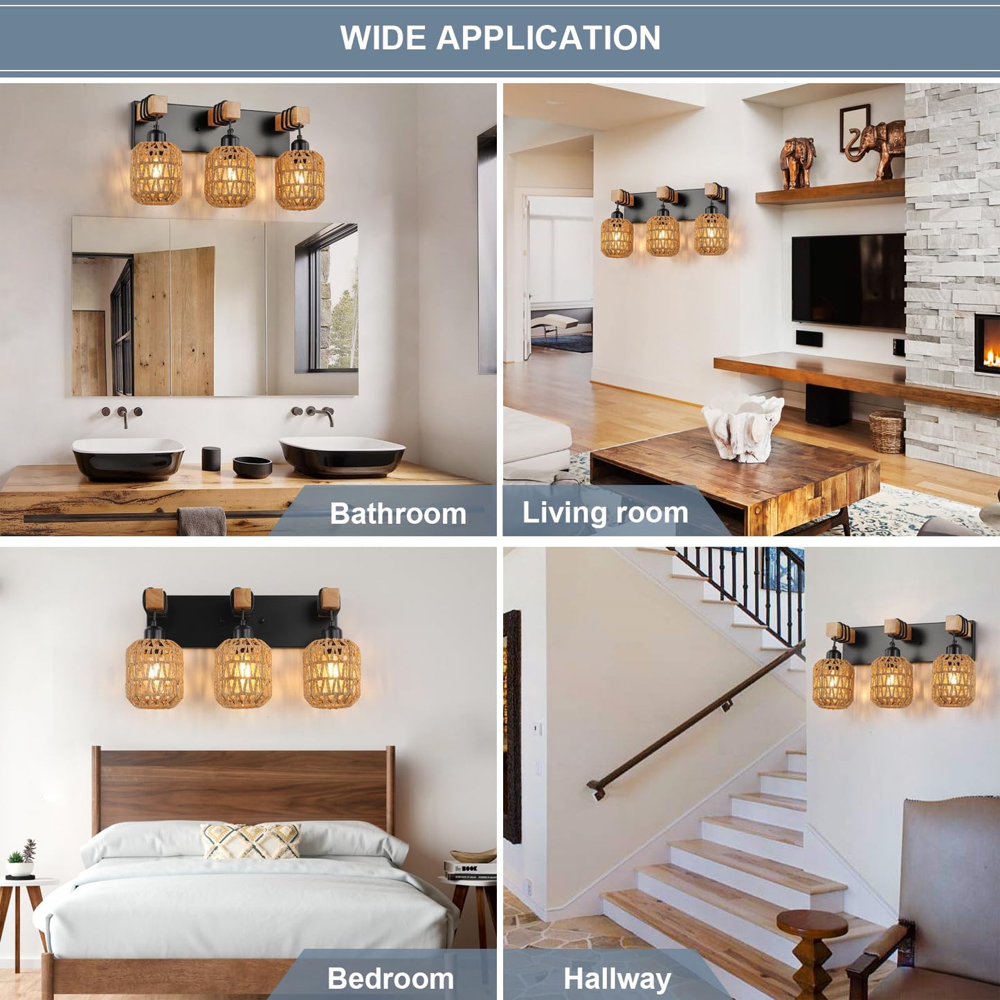 3 Light Bathroom Vanity Light Fixtures， Rustic Style Wood Bathroom Wall Sconce， with Boho Wicker Lampshade，Suitable for Bedroom, Hallway, and Living Room，Rattan Black Farmhouse Wall Sconce