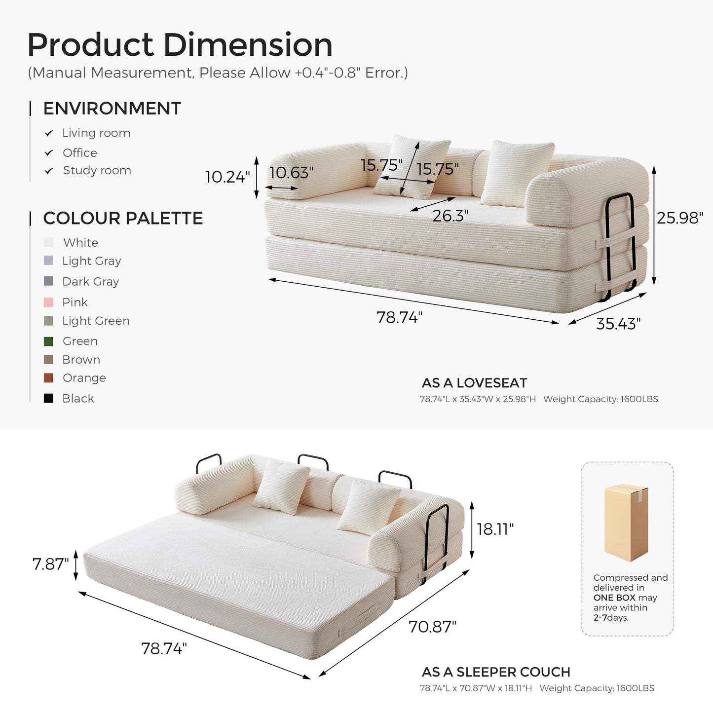 79" Convertible Sofa Bed with Fixed-Shape Frame & Removable Armrests, Modular Corduroy Sleeper Sofa, Folding Mattress Couch for Small Spaces - No Assembly Needed in White (Includes 2 Pillows)