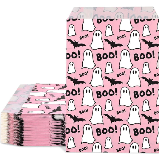 100pcs Halloween Treat Bags - Pink & Black Boo Ghost Paper Goodie Candy Bags for Trick or Treat Party Supplies