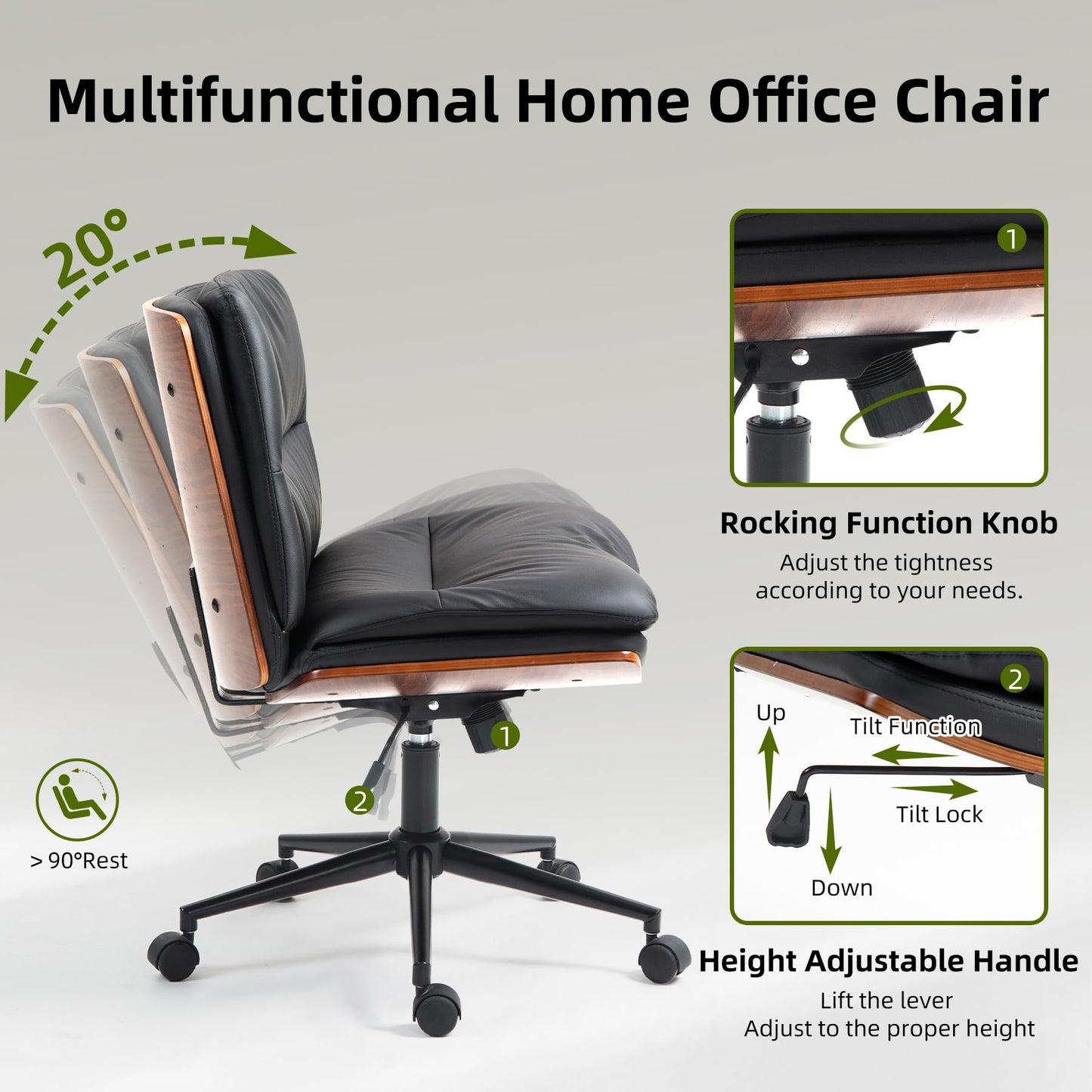 WQSLHX Office Chair, Criss Cross Legged Office Desk Chairs with Wheels, PU Leather Adjustable Swivel Walnut Task Chair with Wide Seat, Ergonomic Mid Back Computer Chair for Meeting Room, Home
