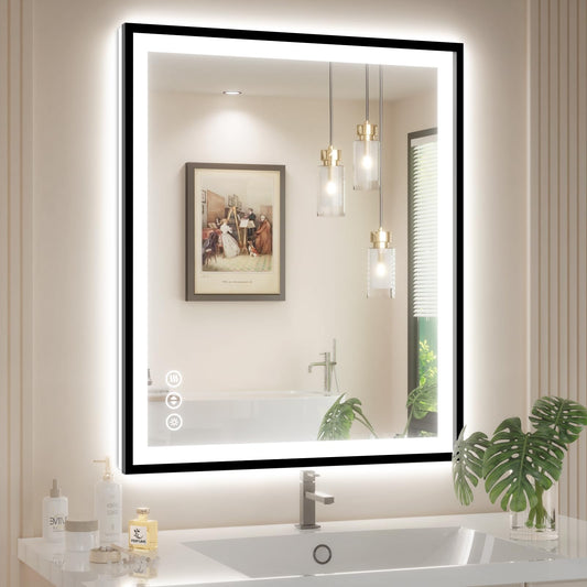 30x36 LED Bathroom Mirror with Lights, Black Aluminum Framed, Backlit + Front Lit, Lighted Bathroom Vanity Mirror for Wall, Anti-Fog, Memory Function, Dimmable, Shatterproof ETL Listed