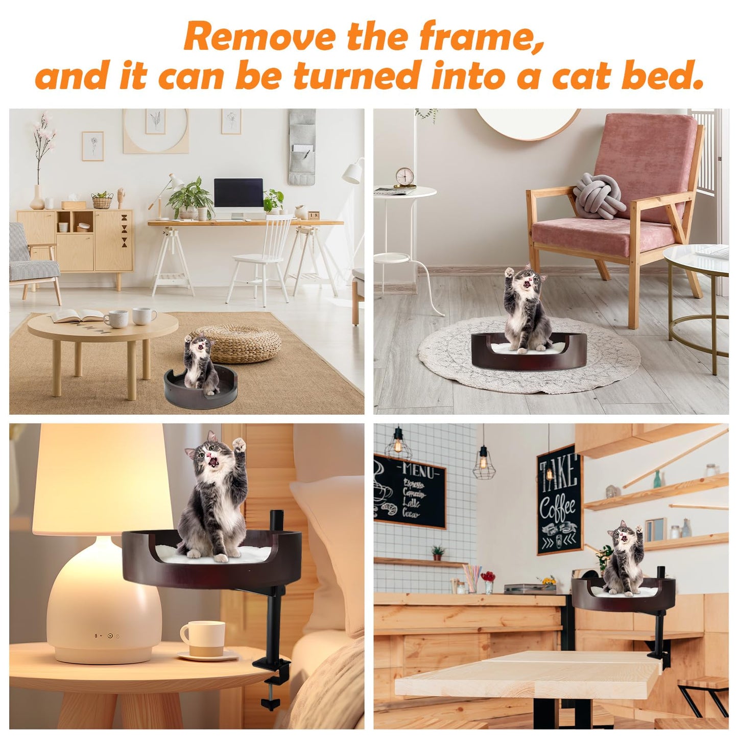 XZKING Cat Desk Bed- Adjustable Wooden Cat Bed for Home Office and Study Rooms, Desktop Kitten Furniture Attachment with Pet Mat, Ball, Mouse (Large)