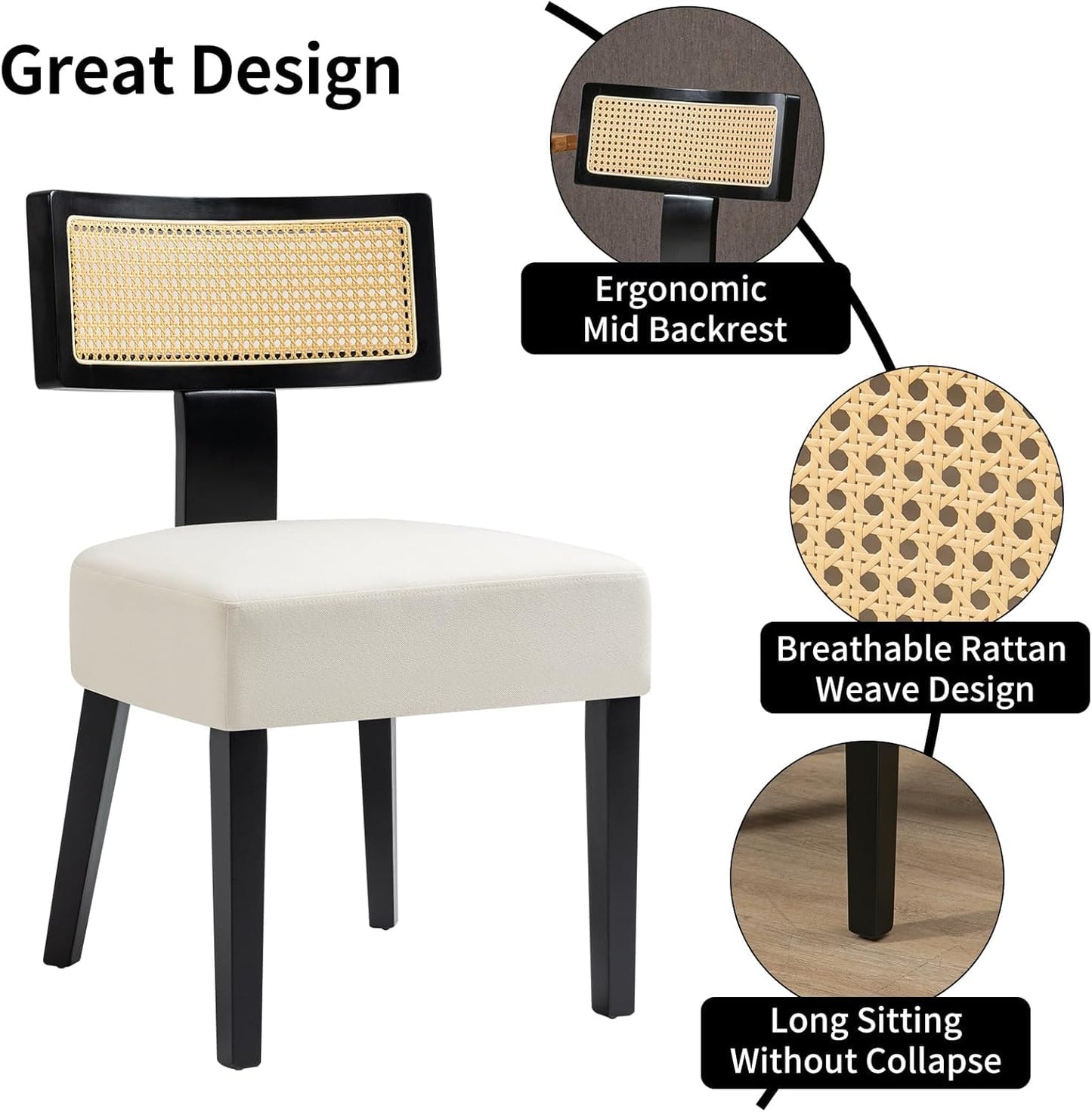 WQSLHX Rattan Dining Room Chairs Set of 4, Mid-Century Modern Kitchen Chair with Cane Back & Wood Frame in Black Finish, Beige Linen Upholstered