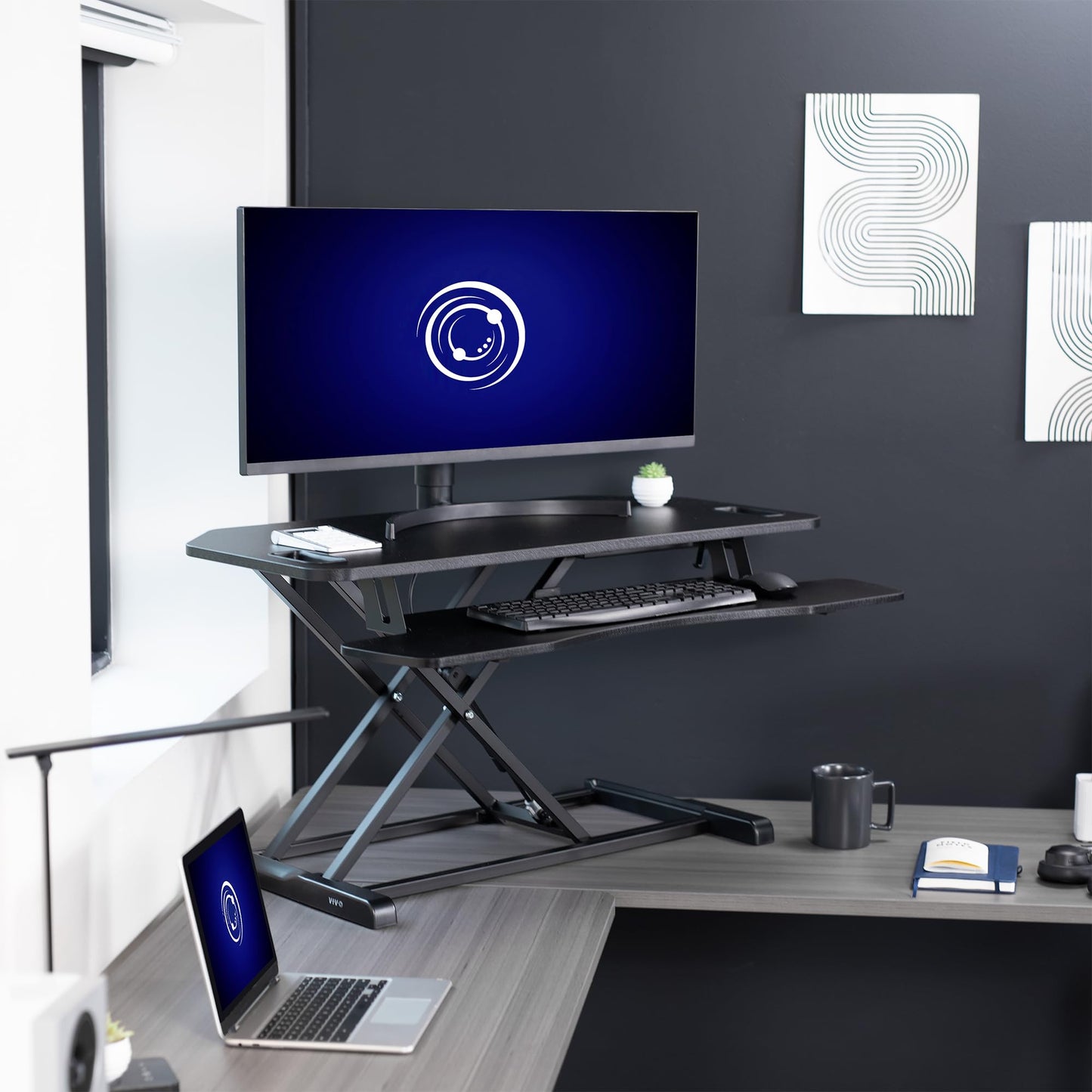 VIVO Extra Wide 38 inch Corner Desk Converter, K Series, Height Adjustable Sit to Stand Riser, Dual Monitor and Laptop Workstation with Wide Keyboard Tray, Black, DESK-V000KL