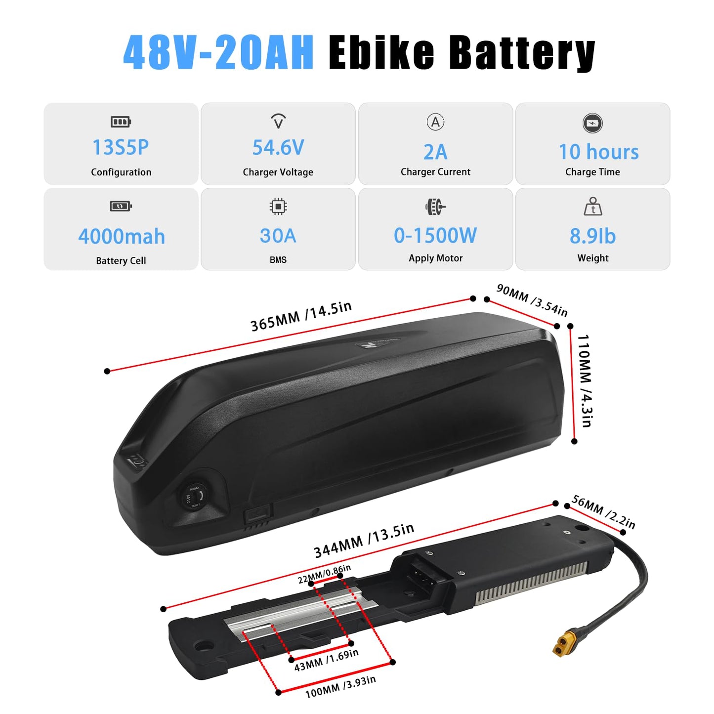 48V Ebike Battery 10Ah 16Ah 20Ah Electric Bike Lithium Battery for 0-1500W Electric Bike/E-Bike Motors, with 2A Fast Charger 30A BMS, Indicator Light, Safe Lock, USB Port(48V 20Ah)
