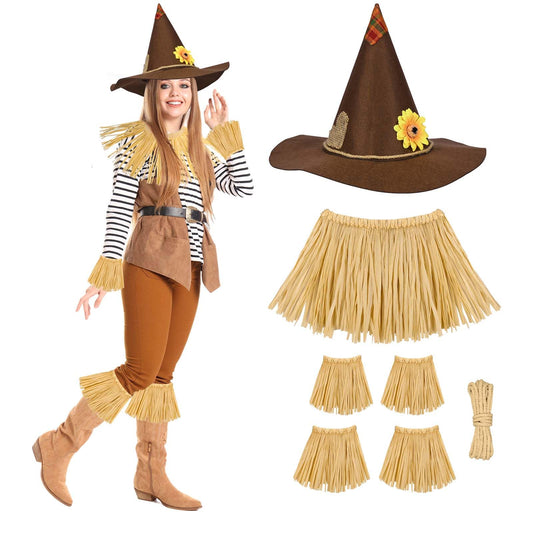 7 Pcs Scarecrow Costume Set Halloween Costume Scarecrow Belt Hat Rope Straw Kit for Oktoberfest Halloween Dress Up (Style 1)