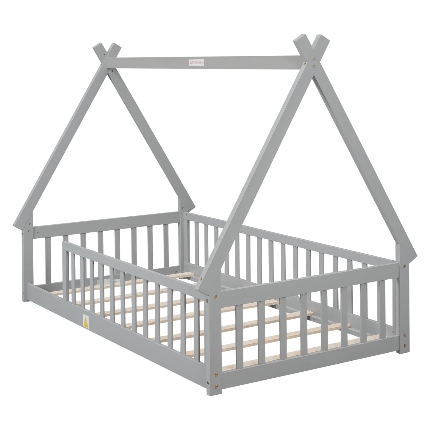 Wekuku Twin Tent Shaped Floor Bed for Kids – Teepee with Guardrails Slats, Grey – Low Profile Bed Frame for Bedroom, Playroom, Nursery