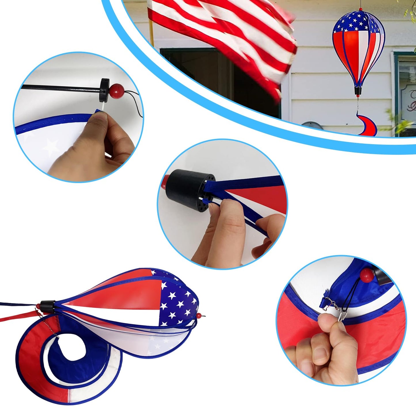 2 Pack 43-Inch Patriotic American Flag & Eagle Hot Air Balloon Wind Spinner Twister, Outdoor Hanging Windmill Decor for Garden Lawn Yard, Fourth of July, Memorial Day, and Veterans Day Decorations