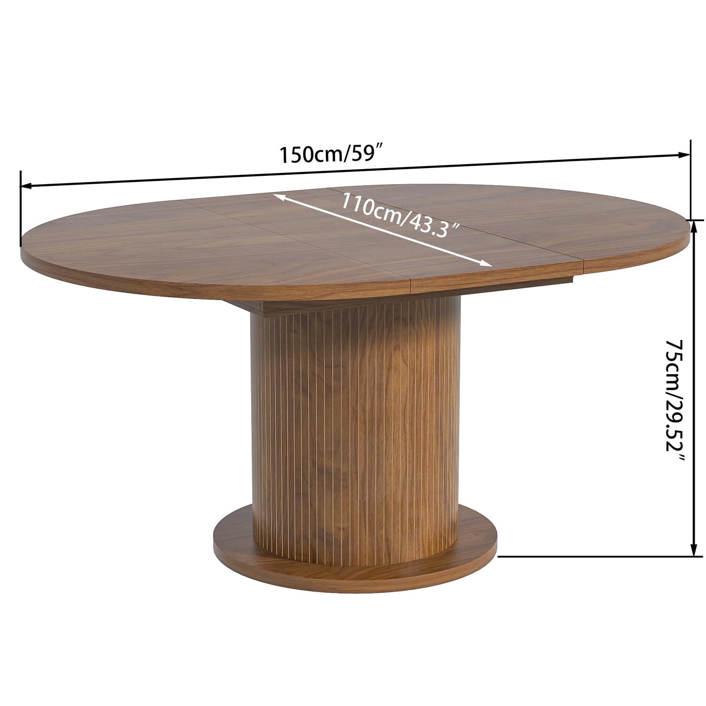 59 inch Adjustable Size Round Dining Table for 4 6, Unique Design Modern Farmhouse Kitchen Table, Fluted Base for Home Dining Room Living Room(Walnut)