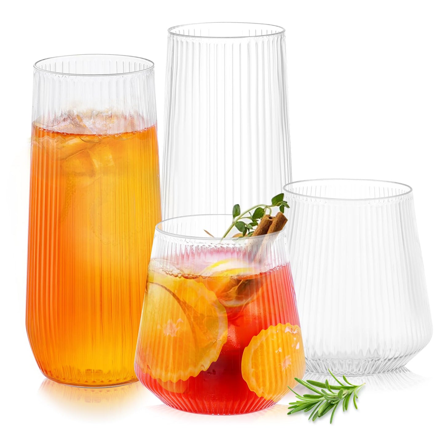 48 Pcs Plastic Wine Glasses Disposable Ribbed Cocktail Cups Set 12 OZ Unbreakable Stemless Champagne Flutes 9 OZ Origami Shatterproof Reusable Clear Party Cup for Wedding, Home, Office, Bar, Drinking