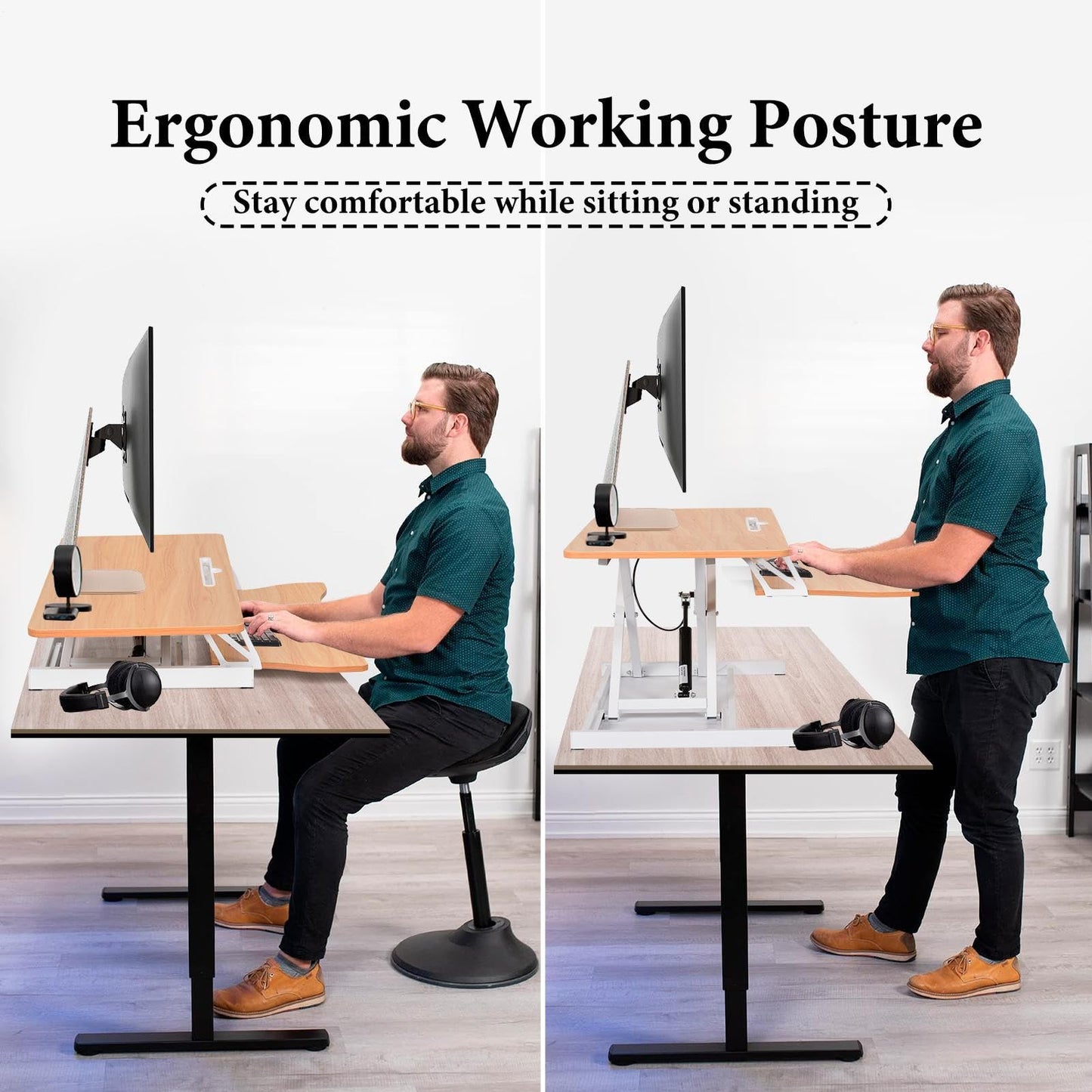 37 Inch Standing Desk Converter - Manual Pneumatic Spring, Two Monitor Stable Standing Desk Converter,5.9” To 18.8” Height Adjustable Laptop Workstation With Keyboard Tray For Home, Company(Log Color)