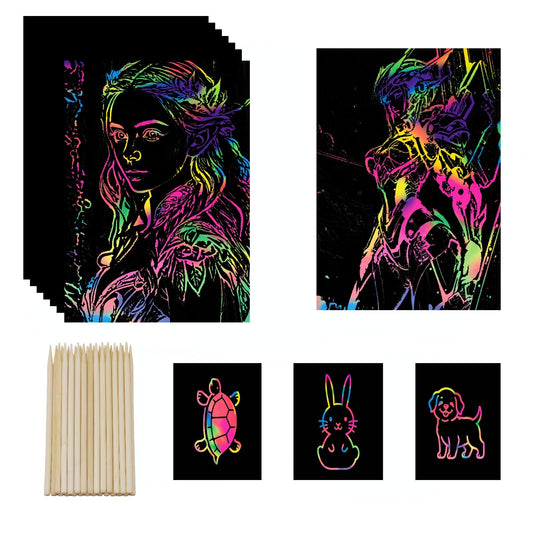 wiwbbitl Rainbow Scratch Paper Bulk - 100 Rainbow Scratch Art Sheets(5"x7.3") with 26 Bamboo Stylus Pens - Mess Free Arts for Kids and Crafts Supplies for Classroom, Party, Travel, Stress Relief