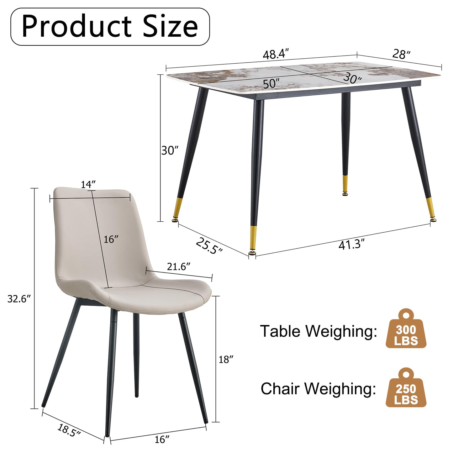 WEKEOT Granite Modern Dining Table Set for 4, 50" Sintered Stone Kitchen Table and 4 Upholstered PU Leather Chair Dining Room Table Set for 4(1Marble Table and Gray Chairs Set of 4)