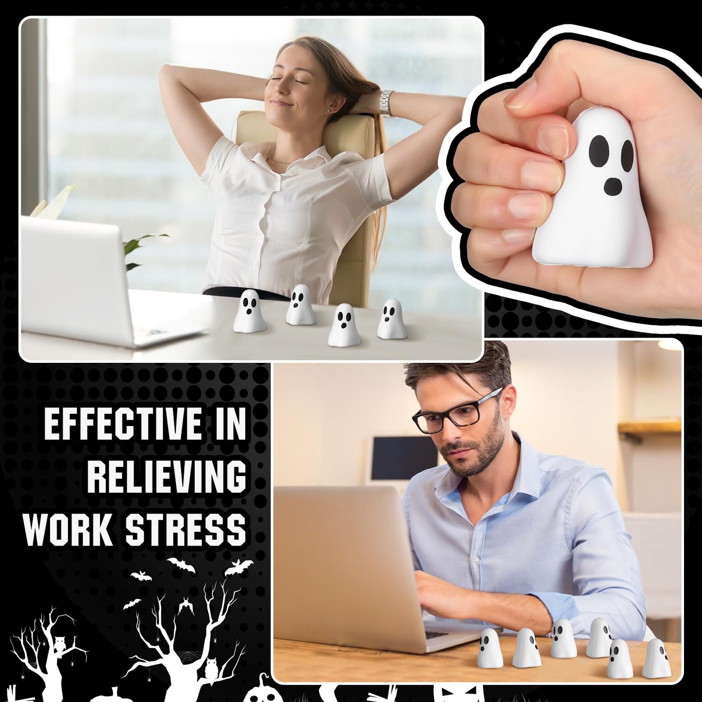 Wettarn 24 Pcs Halloween Ghost Stress Balls Bulks Halloween Stress Relief Balls Party Gifts Toys Soft PU Squeeze Ghost Ball Party Favors for Hand Wrist Finger Exercise