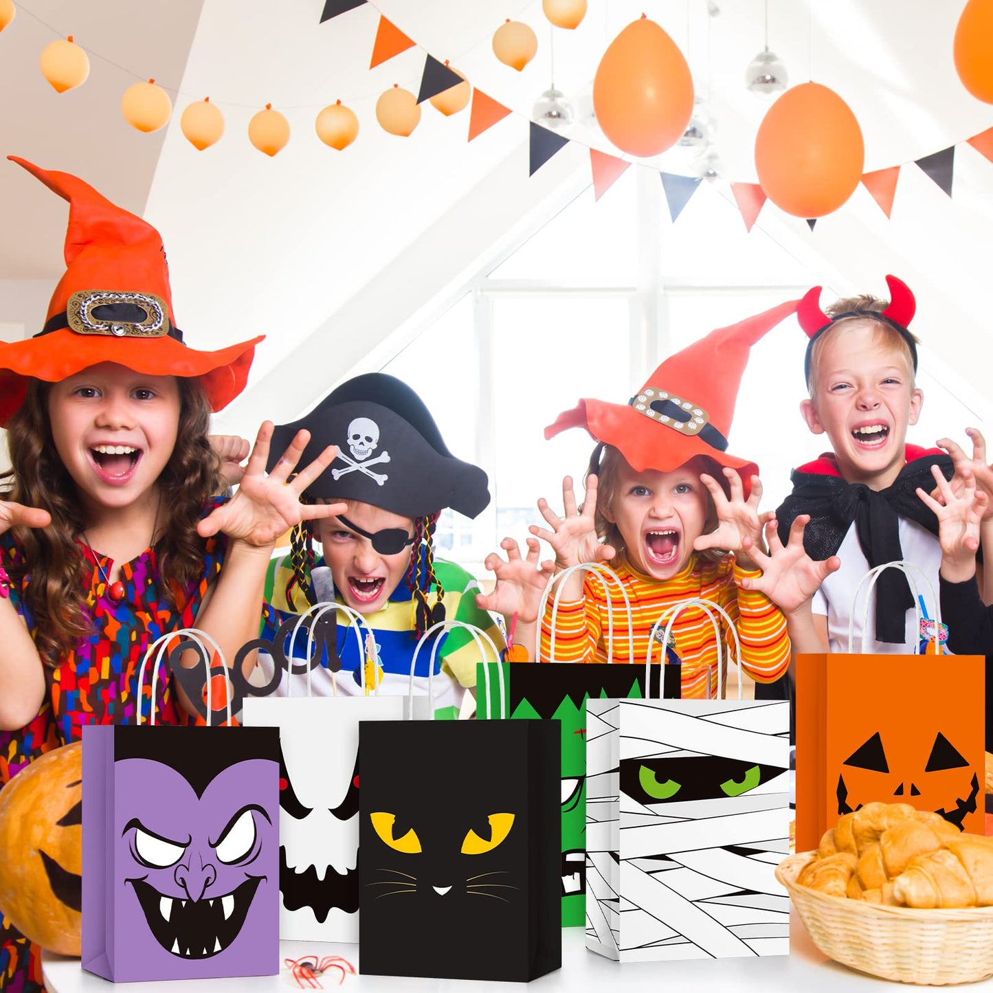 24 Pcs Halloween Treat Bags Halloween Paper Gift Bags with Handles Candy Bags Goodie Bags for Holiday Treats Snacks Kids Halloween Party Favors Supplies (Vivid Style)