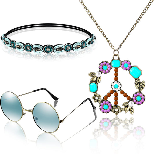 WILLBOND 60s 70s Accessories for Women Hippie Costume Accessories Peace Sign Necklace Headband Hair Wreath Sunglasses (Elegant Style)