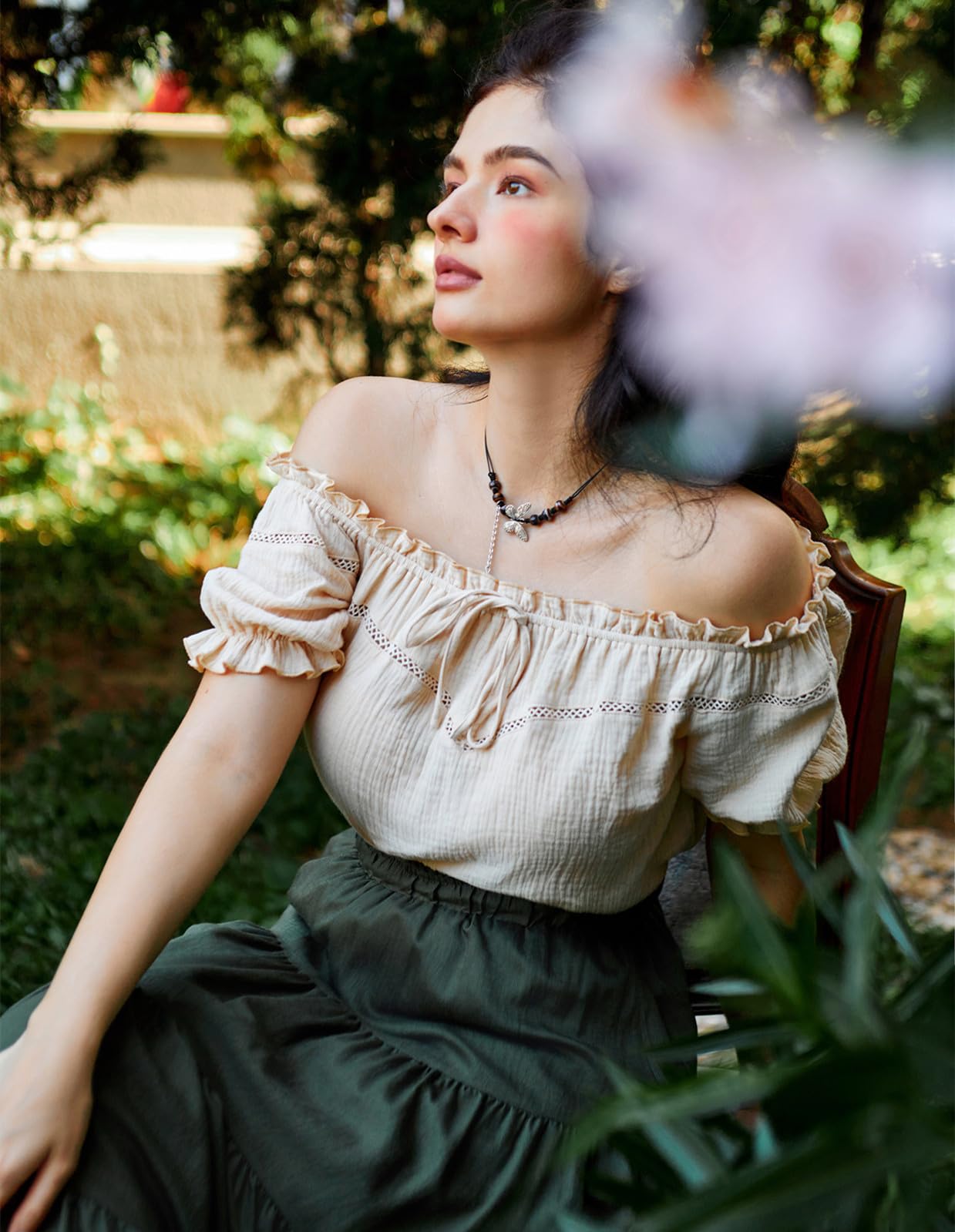 Women's Renaissance Blouse Summer Casual Off Shoulder Short Sleeve Tops Apricot M