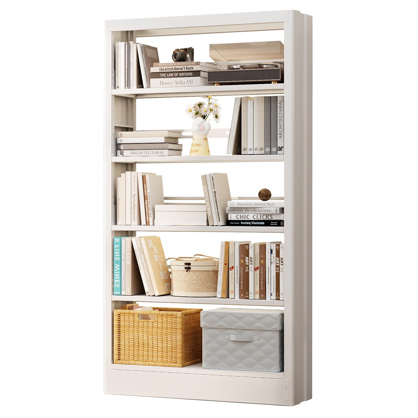 71” Tall White Metal Bookshelf, 5 Tier Bookcase with Adjustable Storage Shelves, Heavy Duty Book Shelf with Bookends, Freestanding Open Large Book Case for Living Room, Study, Library, Office