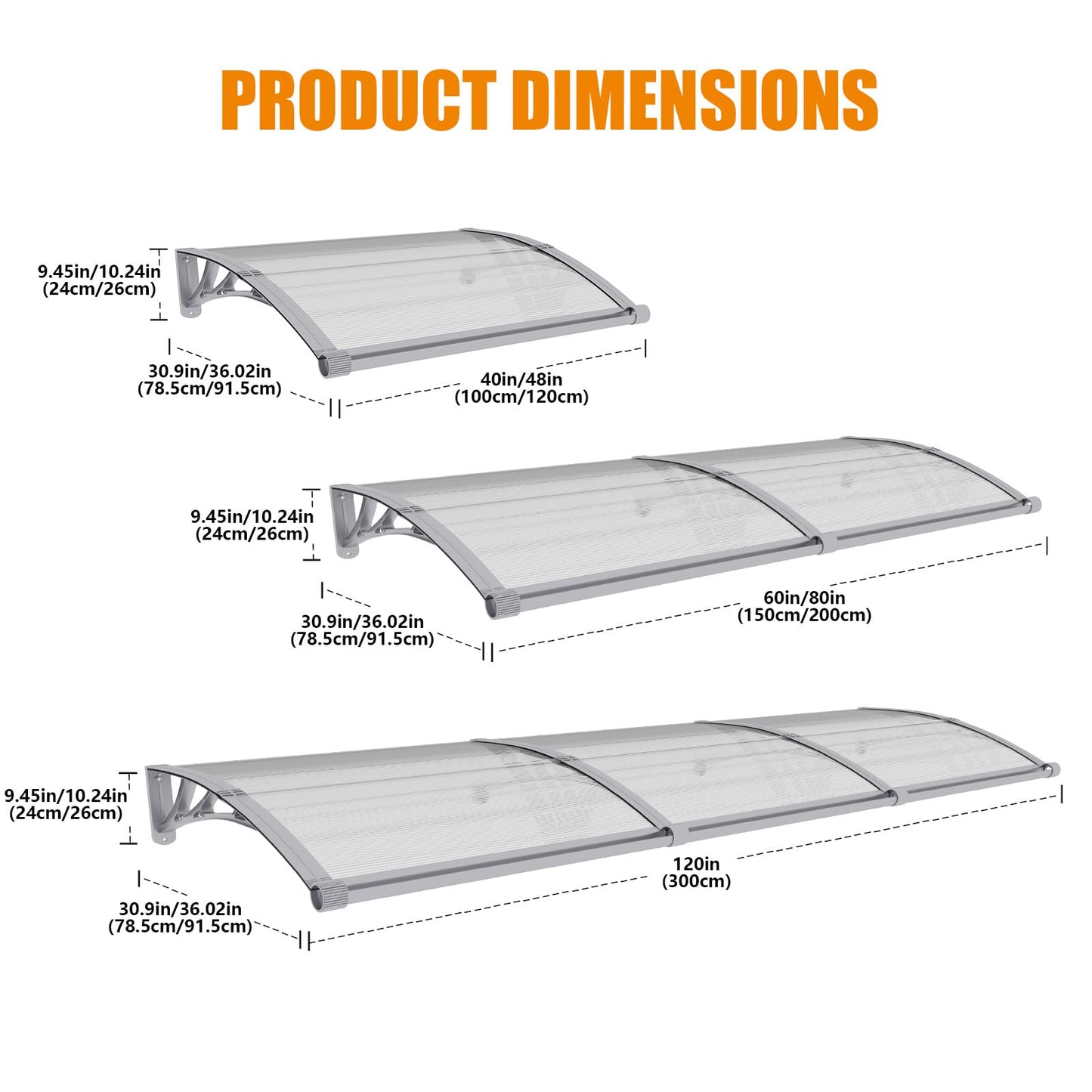 Window Awning Door Canopy 32"x80", Awnings for Doors Polycarbonate Cover Patio Door Awning UV Rain Snow Sunlight Protection Hollow Sheet with Separate Drainage Sink, Gray Bracket & Transparent Board