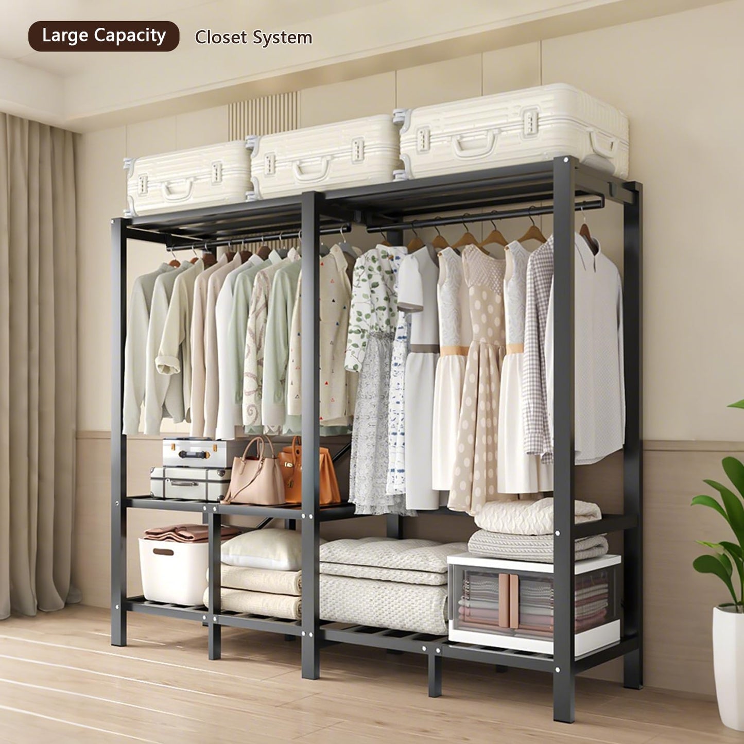 YDEHUEAD 84.5in/7.04ft Foldable Portable Wardrobe Closet with Cover, Heavy Duty Clothing Rack for Hanging Clothes has 59in Vertical Storage Space, Coffee Metal Garment Rack (c, L:84.46")