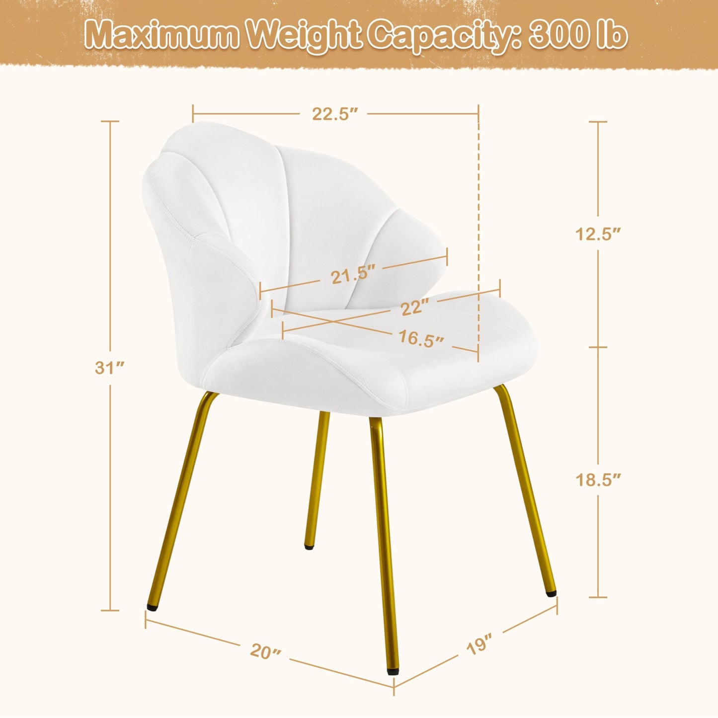 Yaheetech Vanity Chair, Velvet Accent Chair with Shell-Shaped Backrest, Modern Armchair with Gold Metal Legs for Dressing Room/Bedroom/Living Room, White