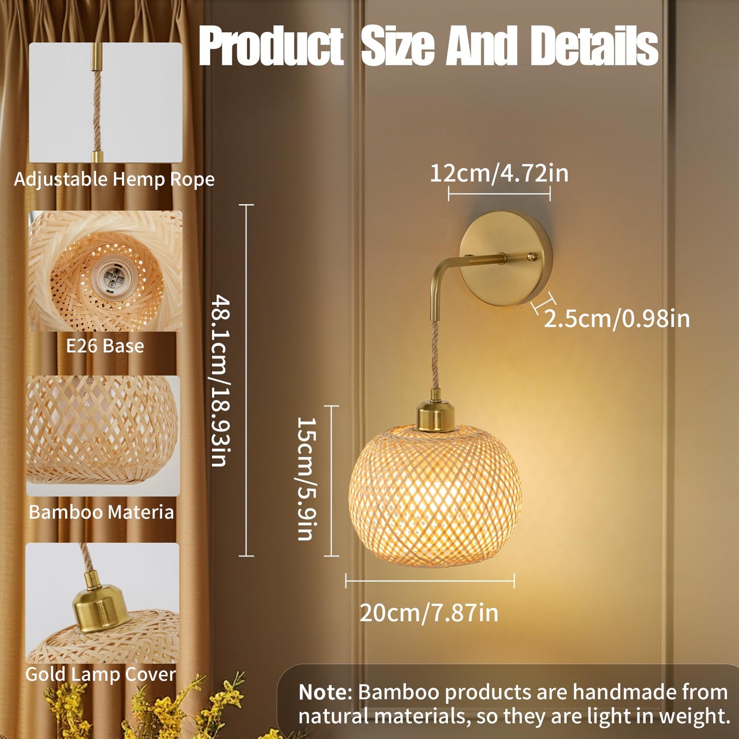 Vitnucrol Gold Battery Operated Wall Sconces Set of 2 with Remote, Rechargeable Rattan Battery Powered Wall Lights/Lamps, Wireless Boho Lighting Fixtures for Bedroom Farmhouse, 15 Colors Dimmable