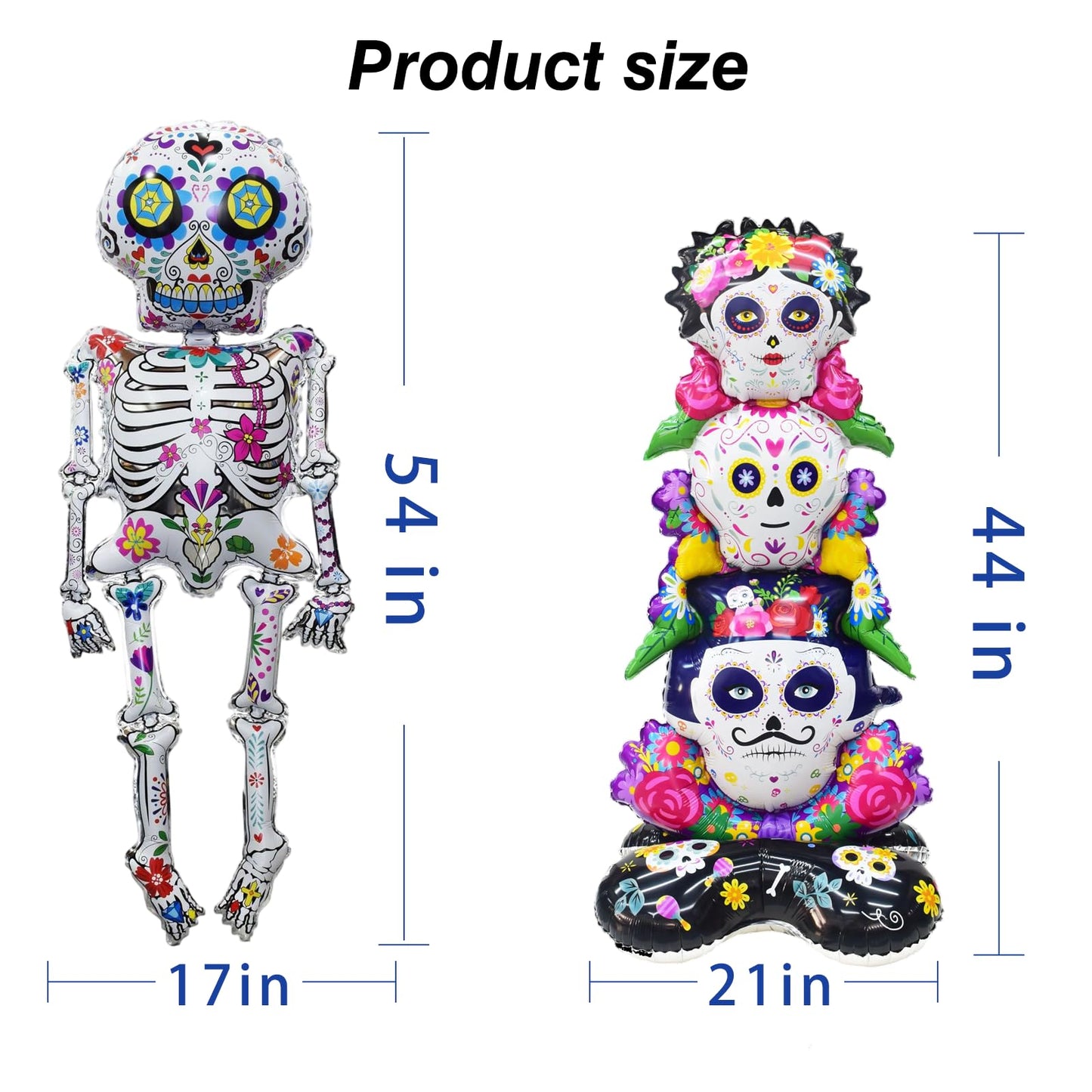 3 Pcs Skeleton Foil Balloons, Día de Muertos Day of the Dead Party Decorations, Halloween Skeleton Balloons,Halloween Spooky Party Supplies, Sugar Skull Balloons