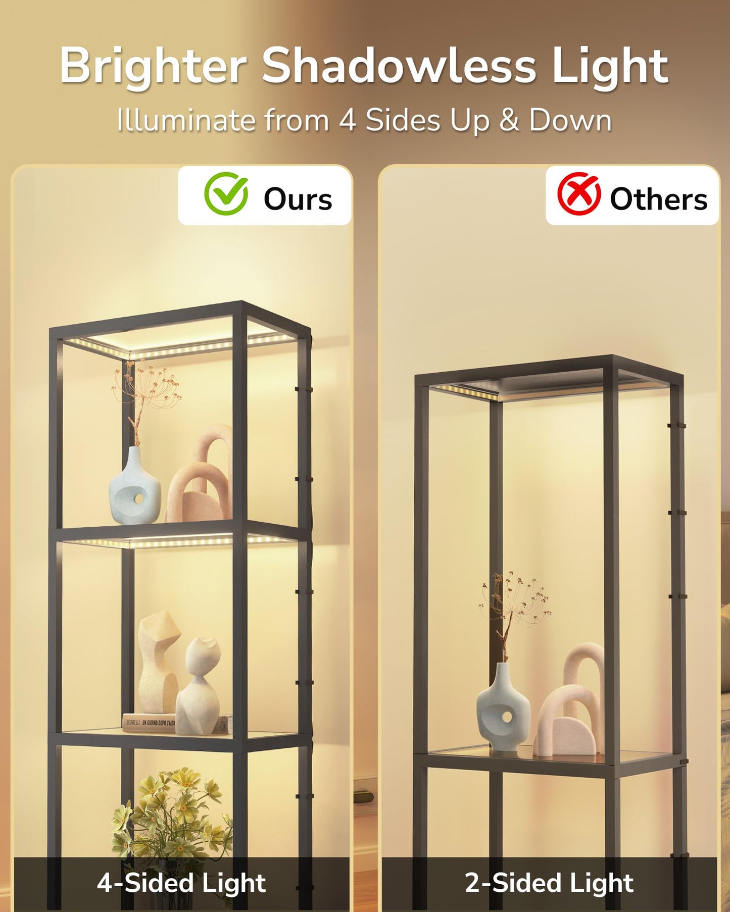 66" Luxury 4-Side Lighted Dimmable LED Glass Display Shelf, 4-Tier Curio Cabinet with Remote/APP Control, Music Sync, Display Cases for Collectibles, Floor Lamp with Shelves for Home Bedroom Decor