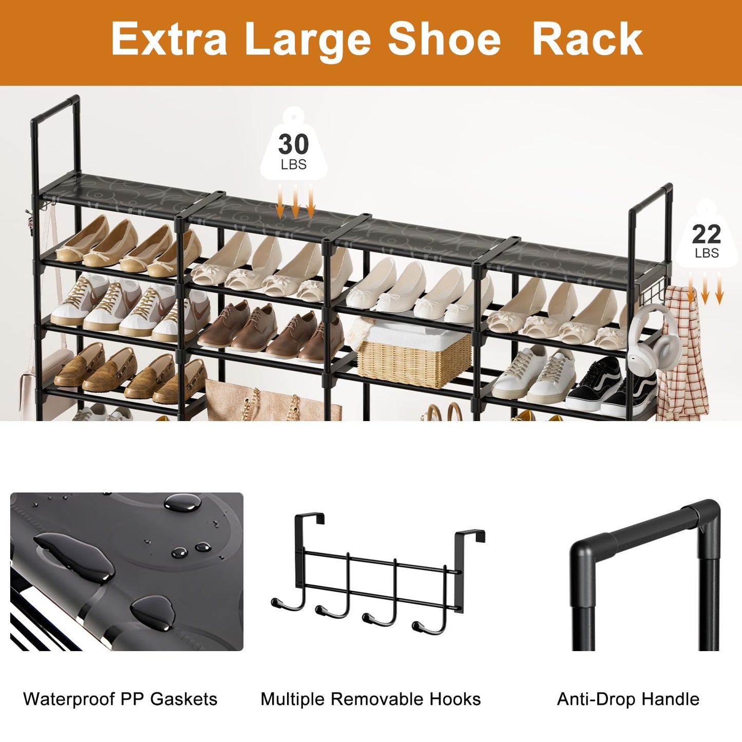 WOWLIVE 4 Row 9 Tiers Extra Large Shoe Rack 72-80 Pairs Big Tall Metal Shoe Shelf, Heavy Duty Organizer for Closet Entryway, Boot Rack Storage Stackable Stand for Garage Black