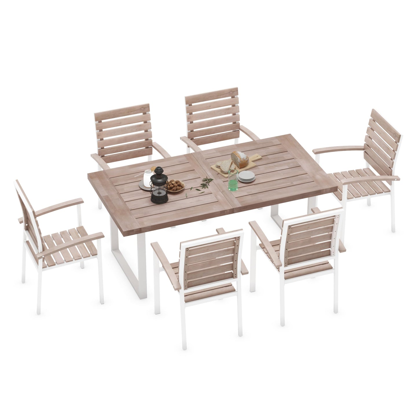 WiberWi 7 Piece Outdoor Dining Set for 6, Acacia Wood 59.1" Patio Table and Chairs Set with Metal Frame, Patio Dining Furniture Set for Garden, Balcony, Backyard, Poolside, Natural & White